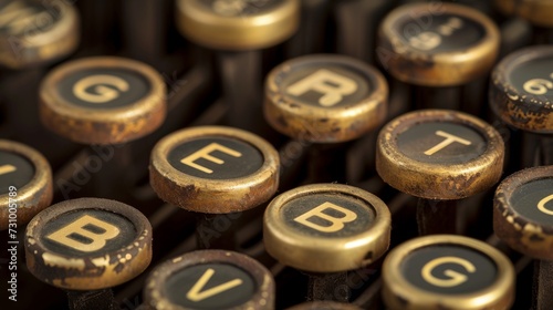 Vintage typewriter keys close-up with letters background
