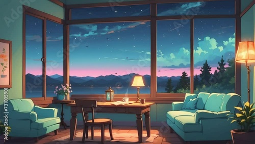 virtual backgrounds animation loop, stream overlay, interior, cozy lofi living room at sunset, vtuber asset twitch zoom OBS screen, live wallpapers, chill anime lo-fi hip hop	
