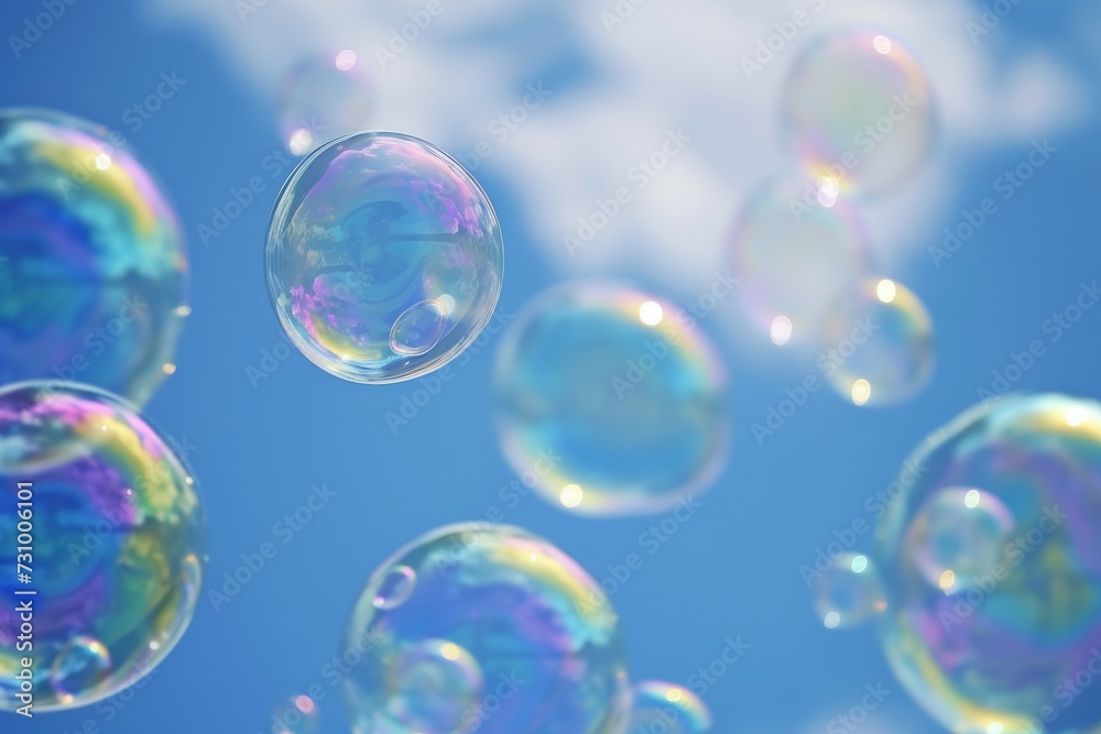 Whimsical soap bubbles, floating freely, iridescent colors against sky