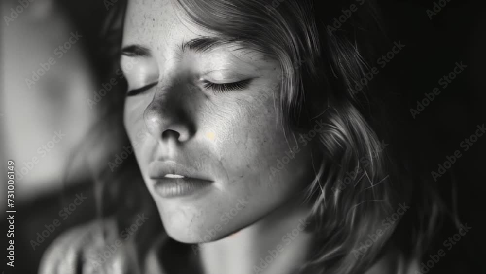 A close-up of a woman's face using monochrome shadows and light. Her expression is contemplative, with soft light accentuating the contours of her distinctive face.
