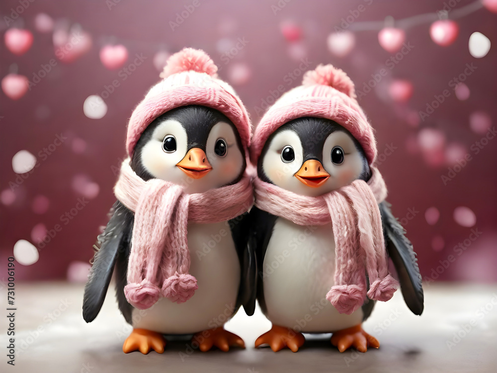 Fototapeta premium A pair of very adorable penguins standing side by side, their wings tucked in, wearing winter scarf on Valentineâ€™s Day Concept