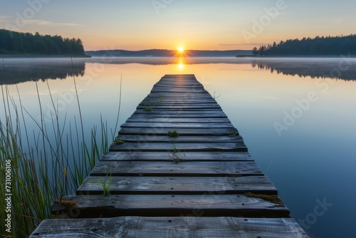 Weathered wooden dock, extending into a serene lake at sunrise.