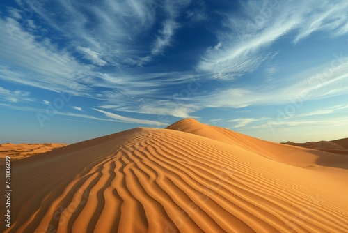 Whispers of wind stirring ancient sands, sculpting dunes under a vast desert sky.