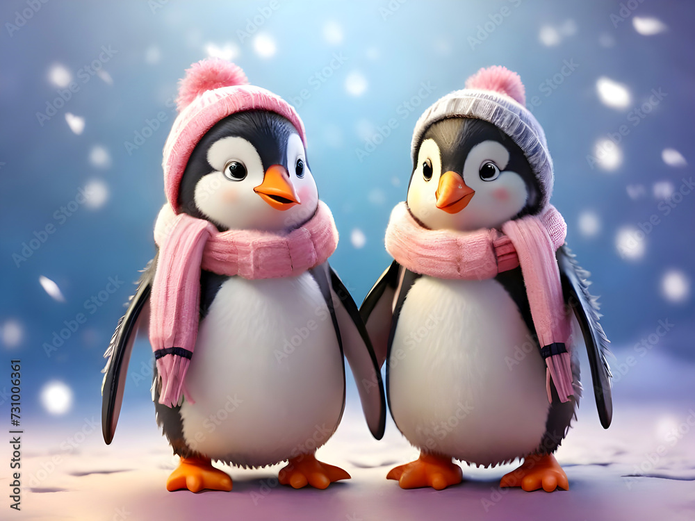 A pair of very adorable penguins standing side by side, their wings tucked in, wearing winter scarf  on Valentineâ€™s Day Concept