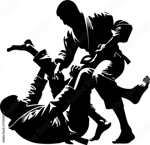 High-contrast combat sport vector silhouette of Brazilian jiu-jitsu athletes practicing a submission hold, capturing the intensity of martial arts training. photo