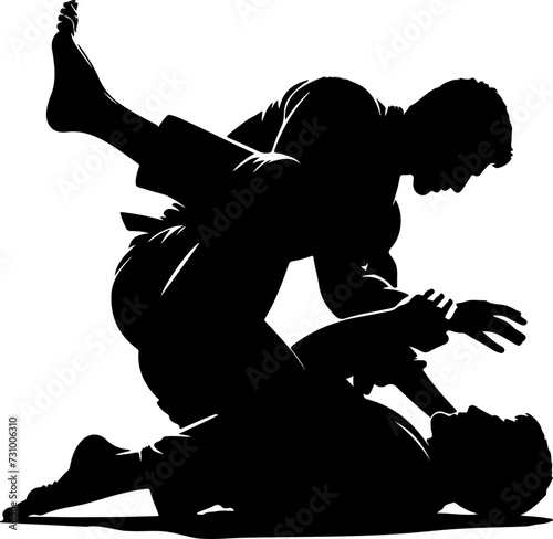 Vector silhouette of two jiu-jitsu martial artists engaged in ground fighting, demonstrating technique and skill, ideal for martial arts themed designs.
 photo