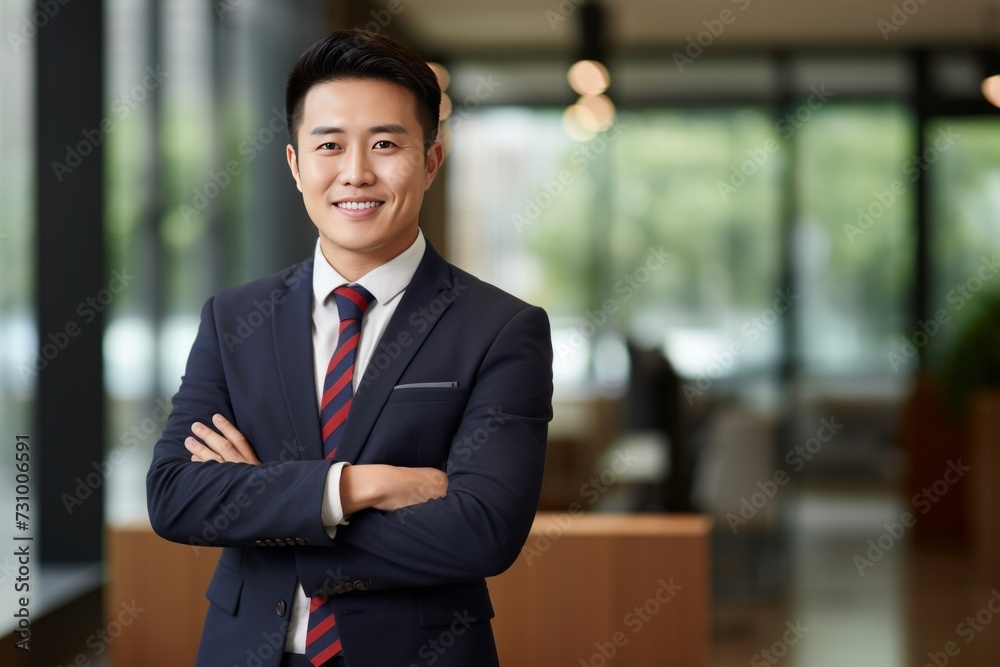 Portrait of businessman with arms crossed, asian man smiling and looking at camera, man working inside modern office building Portrait of businessman with arms crossed, asian man smiling and looking at camera, man working inside modern office building