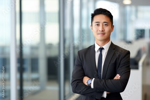 Portrait of businessman with arms crossed, asian man smiling and looking at camera, man working inside modern office building photo