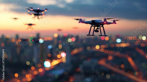 Dynamic composition showcasing the speed and precision of online delivery technology, with a fleet of autonomous drones flying in formation against a backdrop of city lights