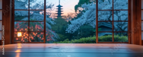 Japanese house interior with view window bright Beautiful scenery, a curled,empty white wooden table with Japan Beautiful view of Japanese pagoda and old house in Kyoto, Japan, spring cherry blossoms © ND STOCK