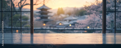 Japanese house interior with view window bright Beautiful scenery, a curled,empty white wooden table with Japan Beautiful view of Japanese pagoda and old house in Kyoto, Japan, spring cherry blossoms