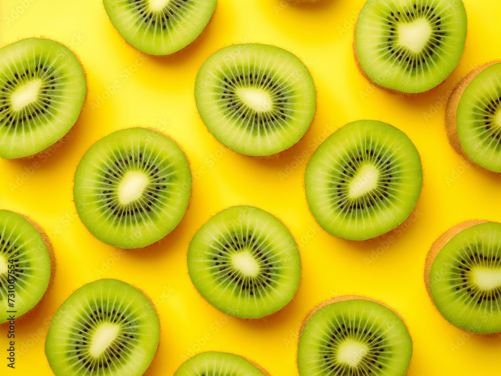 cut kiwis on a plain bright yellow background, fruit kitchen wallpaper, conceptual backdrop cut kiwis on a plain bright yellow background, fruit kitchen wallpaper, conceptual backdrop