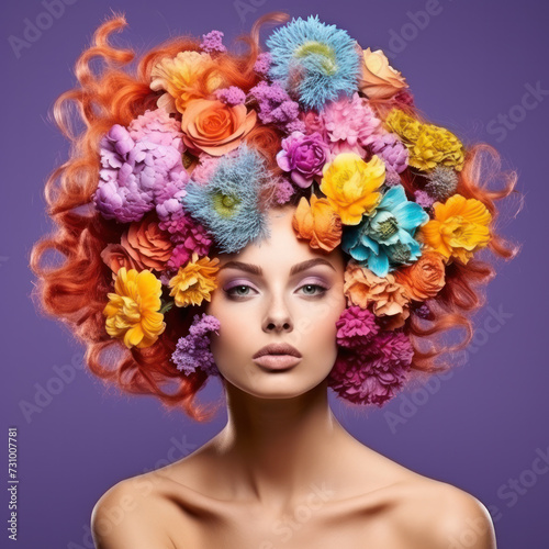 Fashion Beauty Model Girl with Flowers Hair. Bride. Perfect Creative Make up and Hair Style. Hairstyle. Bouquet of Beautiful Flowers.