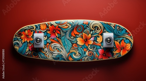 Top view of a customized skateboard mockup with artistic graphics on a solid background