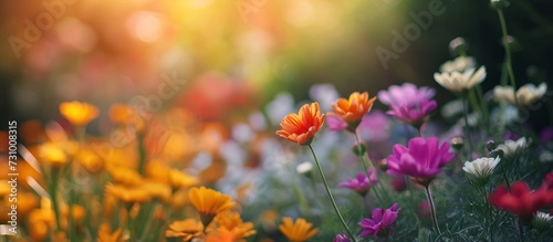 A variety of vibrant flowers bloom in a picturesque meadow, creating a stunning natural landscape with colorful petals and a diverse range of herbaceous plants. © AkuAku