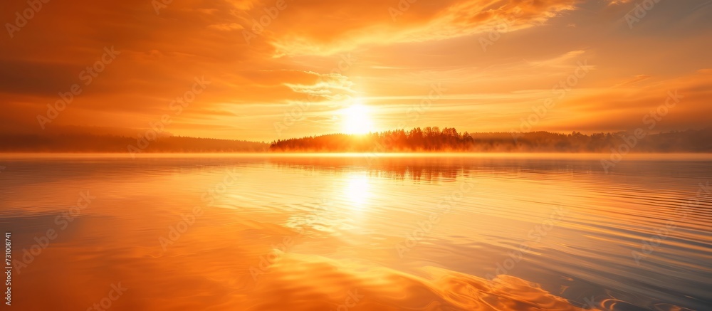 The sky is filled with an amber afterglow as the sun sets over the lake, casting an orange hue on the natural landscape. A small island can be seen in the distance.