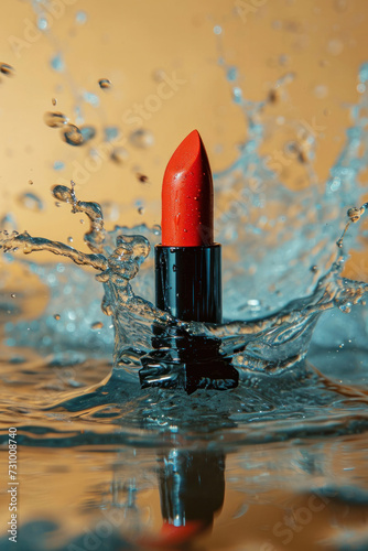 Attractive red lipstick in a splash of clear water on a beige background with space for text