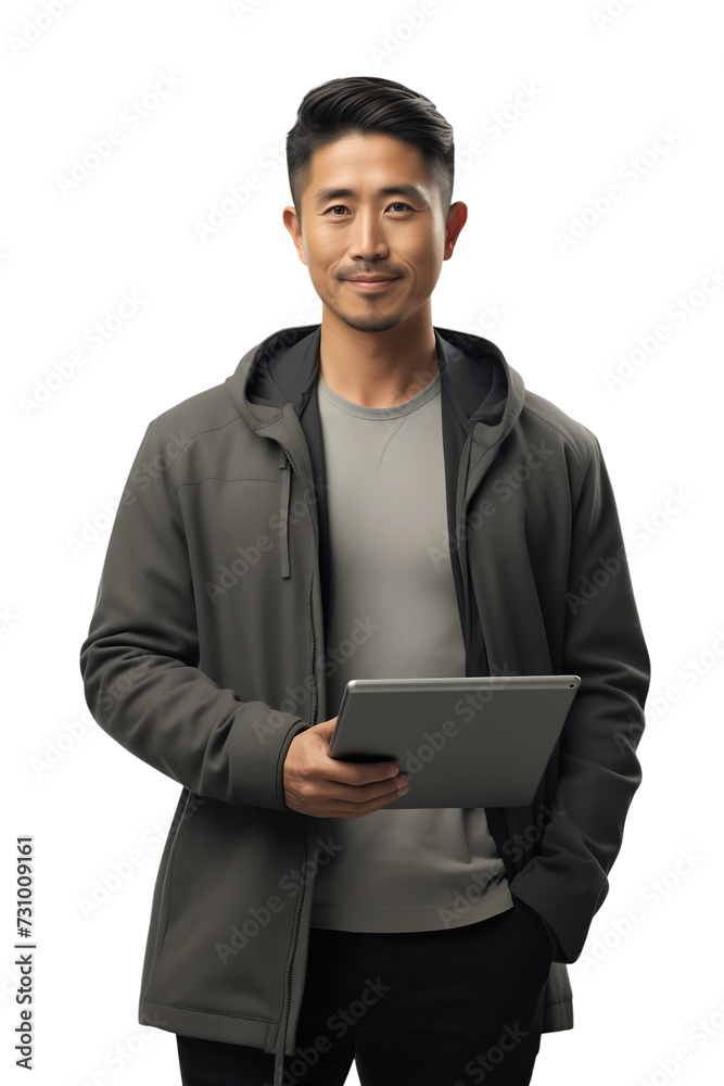 Confident Asian Man Holding Tablet on Transparent Background Confident Asian Man Holding Tablet on Transparent Background