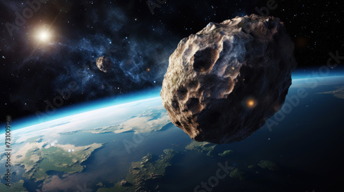 A scientific concept of an image of an asteroid flying in space against the background of the Earth. Generative AI