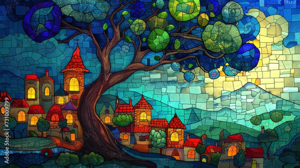 Stained glass window background with colorful city abstract.