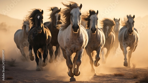 Horses with Long Mane Portrait Run Gallop in Dese.