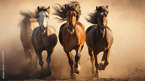 Horses with Long Mane Portrait Run Gallop in Dese.