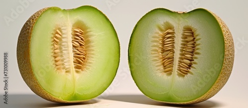 Spoiled honeydew melon cross section; Cucumis melo Inodorus Group cultivar. photo