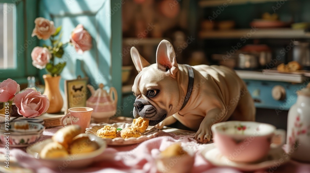 French Bulldog indulging in a biscuit, capturing the distinctive features and charm, arranged on a dollhouse-inspired pet-friendly kitchen scene