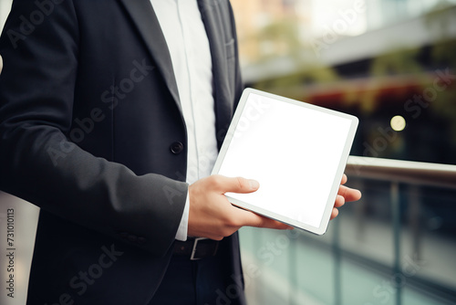 Professional Holding Tablet with Transparent Screen Outside Office, Businessman outdoors holding a tablet with a transparent screen, modern technology concept