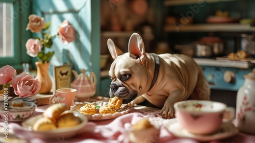 French Bulldog indulging in a biscuit, capturing the distinctive features and charm, arranged on a dollhouse-inspired pet-friendly kitchen scene © Tina