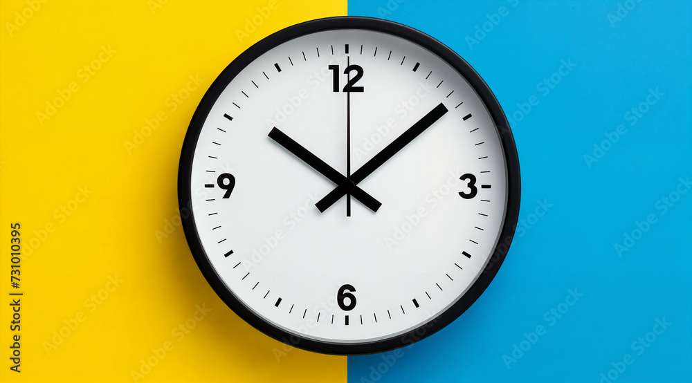 a clock on a wall with a yellow and blue background and a blue and yellow wall behind it with the numbers 12, generative ai a clock on a wall with a yellow and blue background and a blue and yellow wall behind it with the numbers 12, generative ai