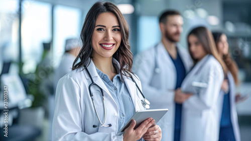 A smiling female doctor holding a tablet stands confidently in a hospital corridor, colleagues in the background.