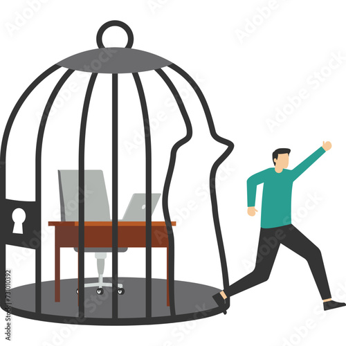 chance to experience new challenges or liberate the concept of freedom, Escape from the routine comfort zone, strong ambitious entrepreneur bends the bar and escapes from the birdcage trap.
