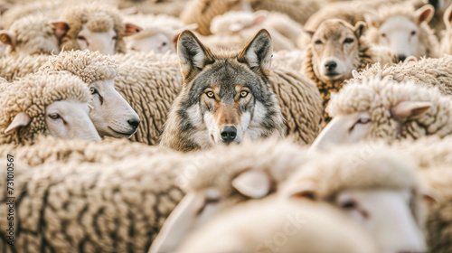 A lone wolf is camouflaged within a flock of sheep, illustrating the proverbial concept of a wolf in sheep's clothing.