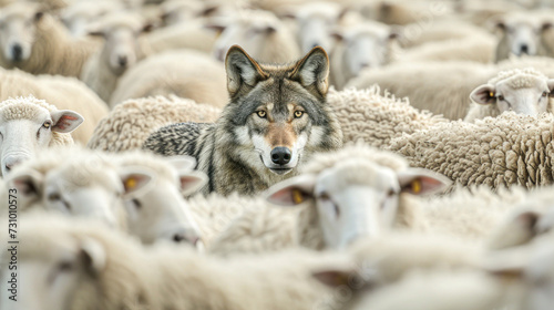 A lone wolf is camouflaged within a flock of sheep, illustrating the proverbial concept of a wolf in sheep's clothing.