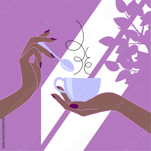 Silhouettes of female hands with coffee cup and spoon in light pink sunlit room. Vector illustration in flat and line style