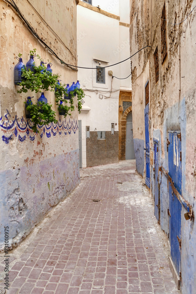 Traditional houses along alleyway in Essaouira, Morocco