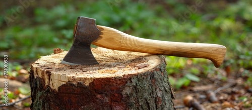 The wooden-handled ax is lodged into the stump with a blade.