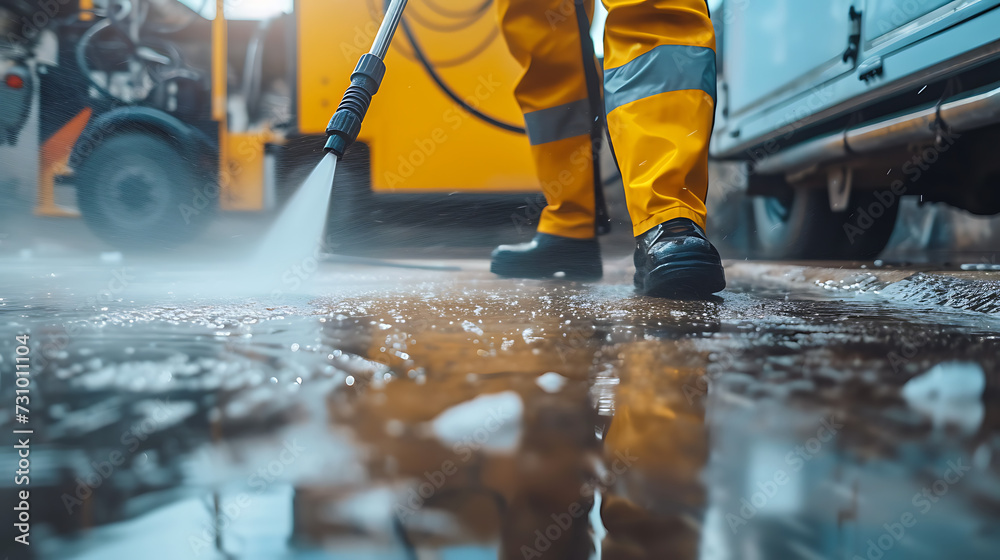 Deep cleaning under high pressure. Workers cleaning driveway with pressure washer, professional cleaning service Deep cleaning under high pressure. Workers cleaning driveway with pressure washer, professional cleaning service