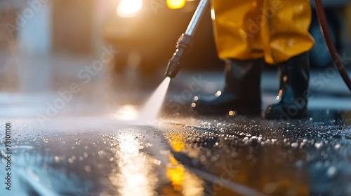 Deep cleaning under high pressure. Workers cleaning driveway with pressure washer, professional cleaning service