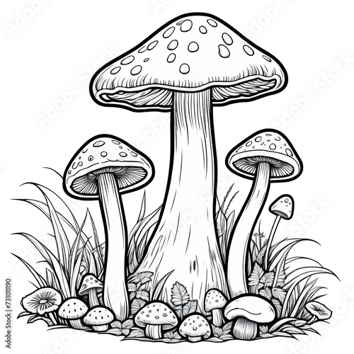 Mushroom outline coloring page illustration for children and adult