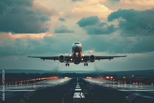 Airplane taking off from the airport terminal, the plane is taking off, morning sky