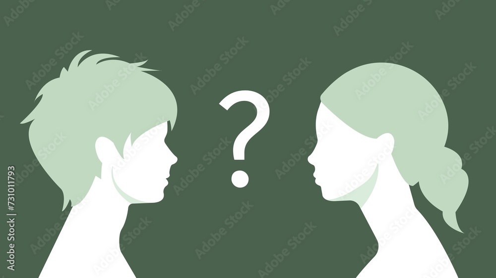 Silhouette of a boy and a girl profile portraits. Looking towards each other. Question mark in the middle. Curiosity, uncertainty, confusion and relationships communication.