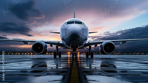 Passenger plane front shot, scene above the ground, front angle photo, industrial angle. photo