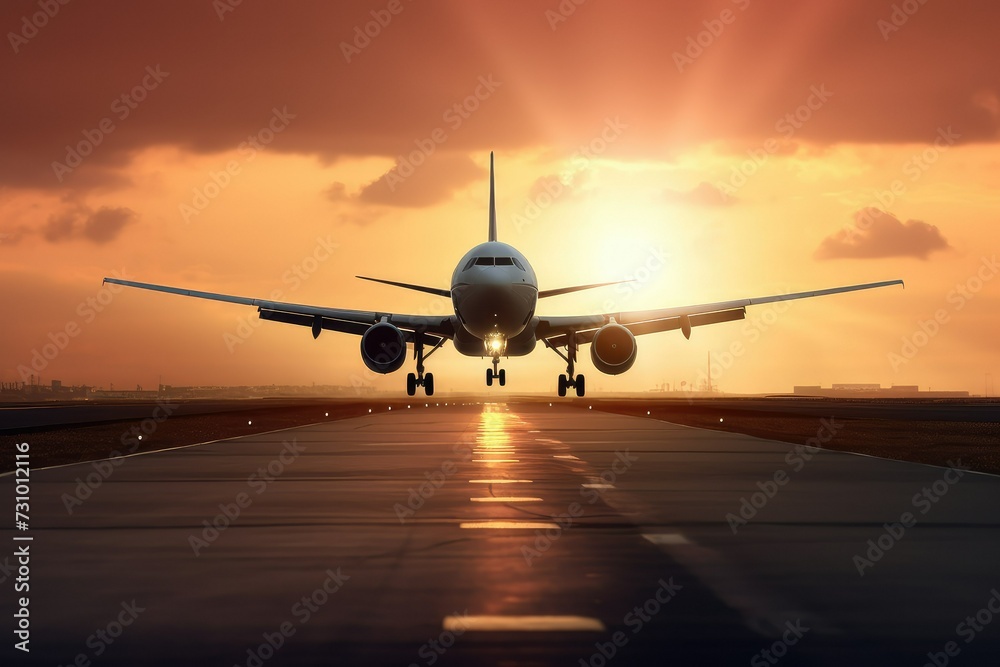 Naklejka premium Side View of A plane taking off from airport runway, Sunset background.