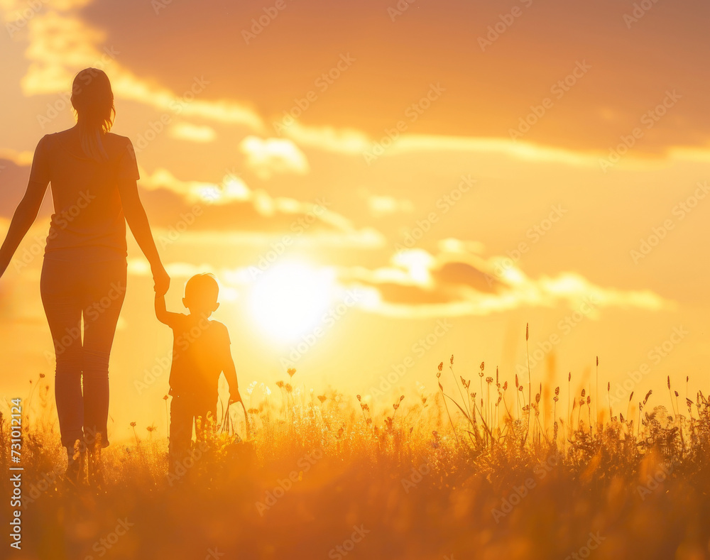 single mother holding child hand against sunset
