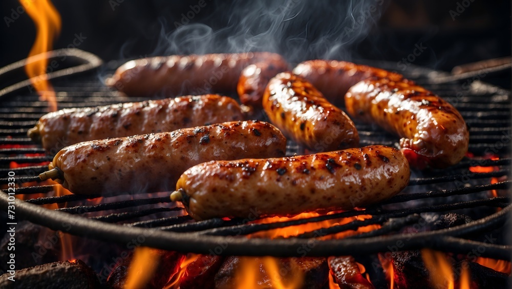 fiery sausages grilled on a rustic grill - obrazy, fototapety, plakaty 