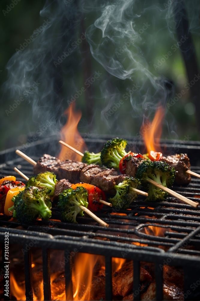 fiery beef broccoli kebabs grilled on a rustic grill fiery beef broccoli kebabs grilled on a rustic grill