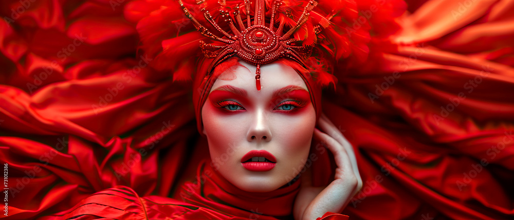 A woman with red makeup and a red crown on her head A woman with red makeup and a red crown on her head