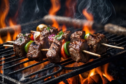 fiery beef champignons kebabs grilled on a rustic grill